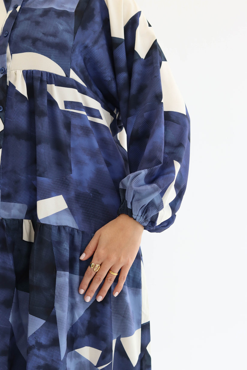 Blue Soft Printed Hijabi Dress