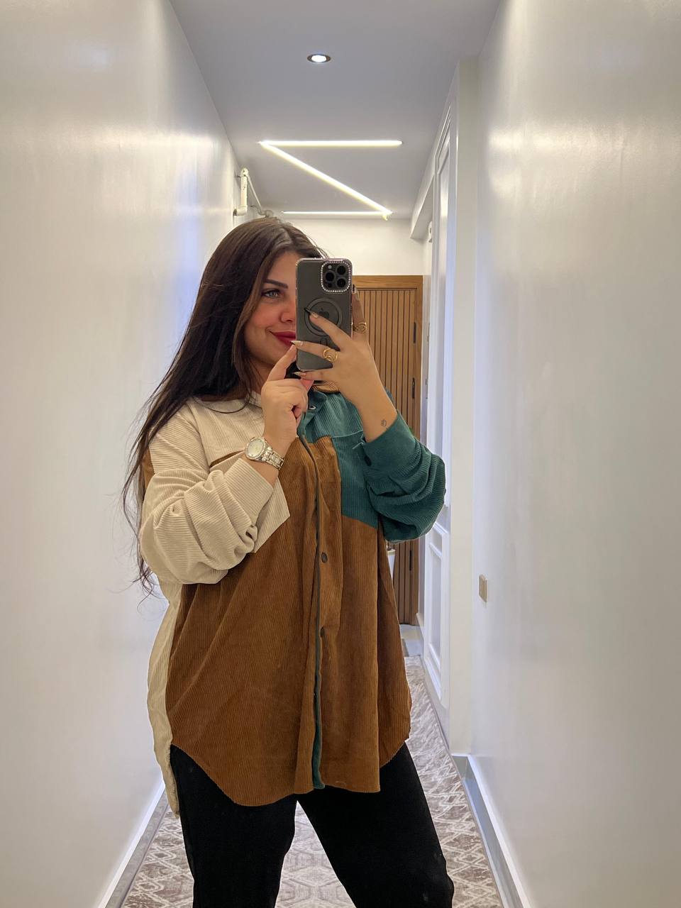 Ribbed Velvet Color Block Shirt