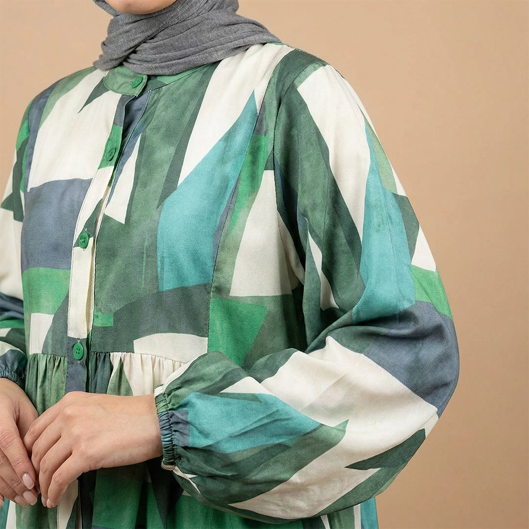 Green Soft Printed Hijabi Dress