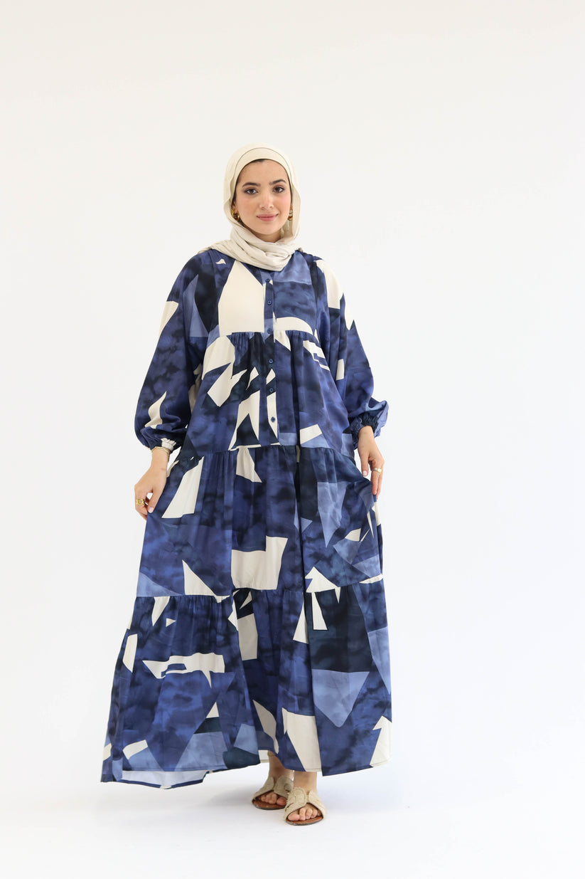 Blue Soft Printed Hijabi Dress