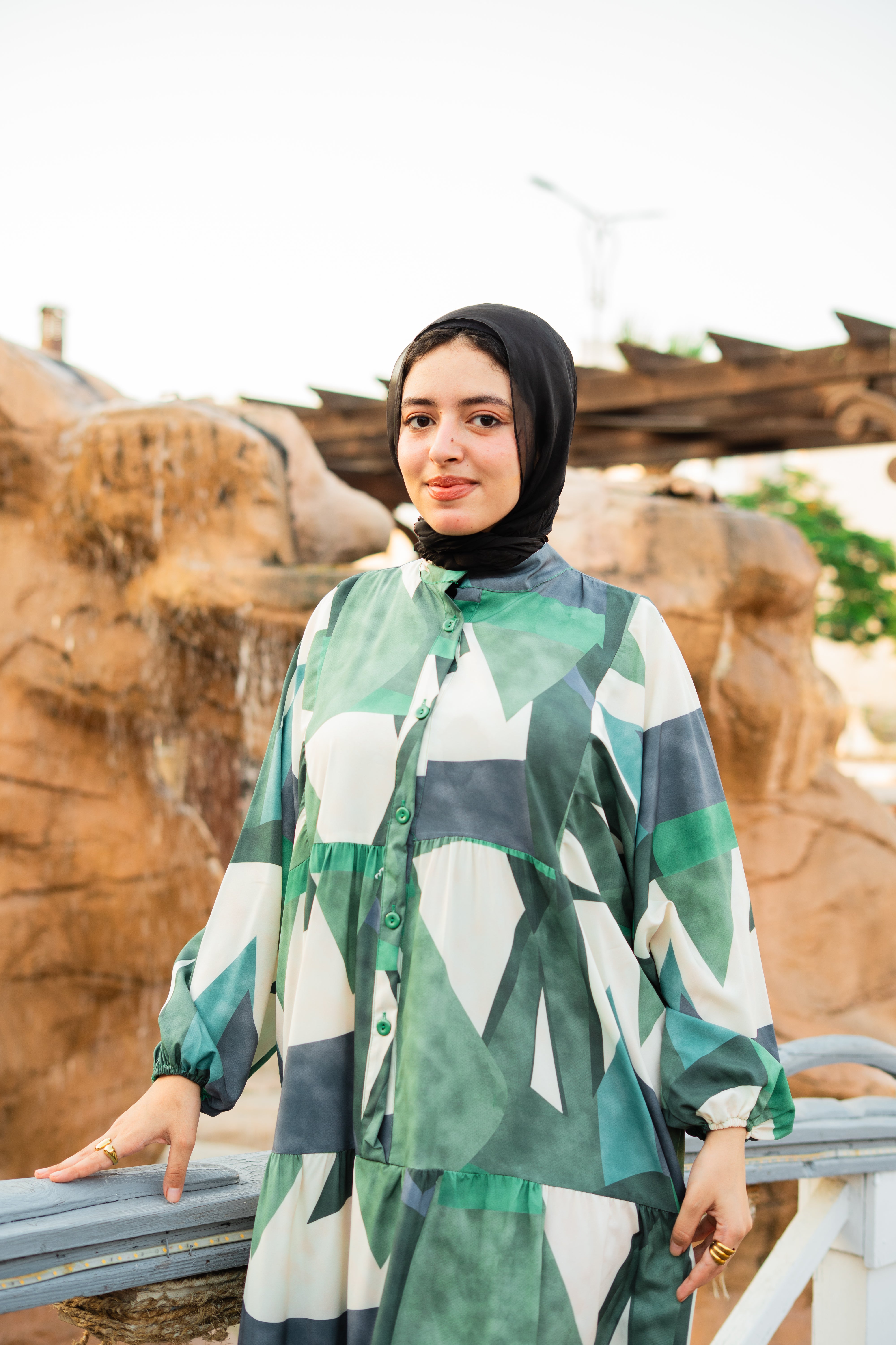 Green Soft Printed Hijabi Dress