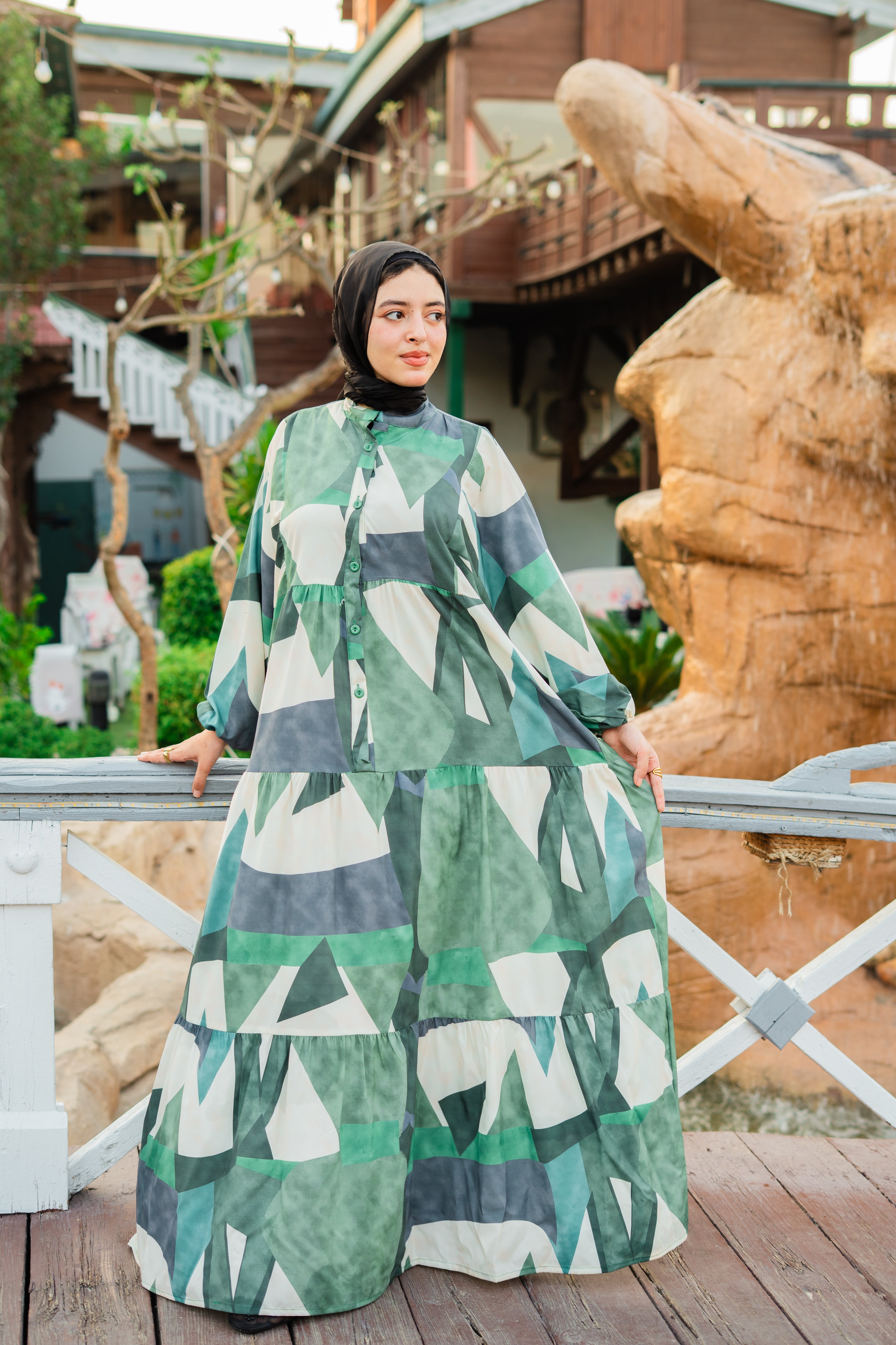 Green Soft Printed Hijabi Dress