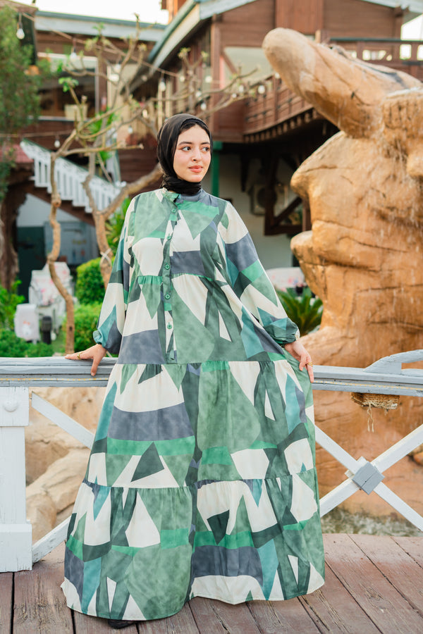 Green Soft Printed Hijabi Dress